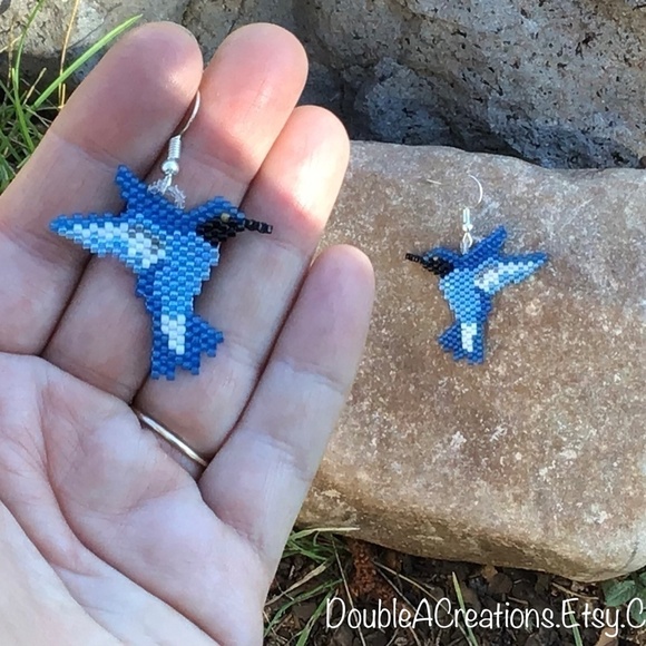 Blue Hummingbird Beaded Earrings, New, Handmade by Me - Picture 3 of 7